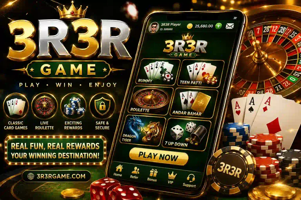3R3R Game casino promotional graphic featuring a smartphone interface, roulette wheel, playing cards, casino chips, dice, gold coins, and a luxury green-and-gold theme.