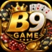 B9 Game logo with gold crown, playing cards, casino chips, roulette wheel, dice, and gold coins on a dark background.