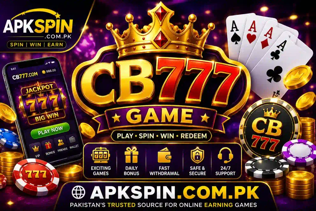 CB777 Game APK promotional graphic with APKSpin.com.pk branding, 777 casino games, cards, coins, and gaming chips