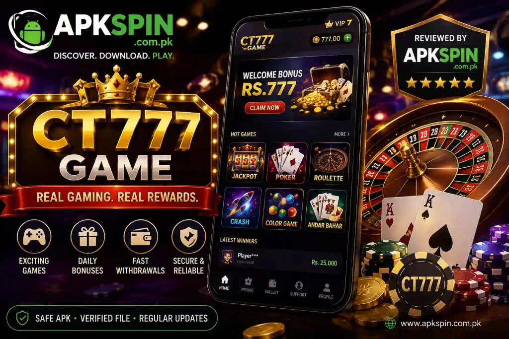 CT777 Game APK casino-style promotional graphic with APKSpin.com.pk branding