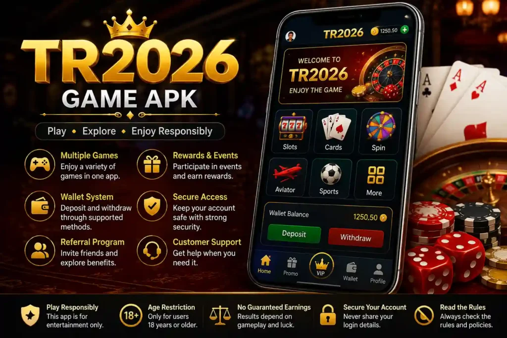 TR2026 Game APK banner with casino-themed graphics, smartphone interface, playing cards, dice, poker chips, and responsible gaming reminders