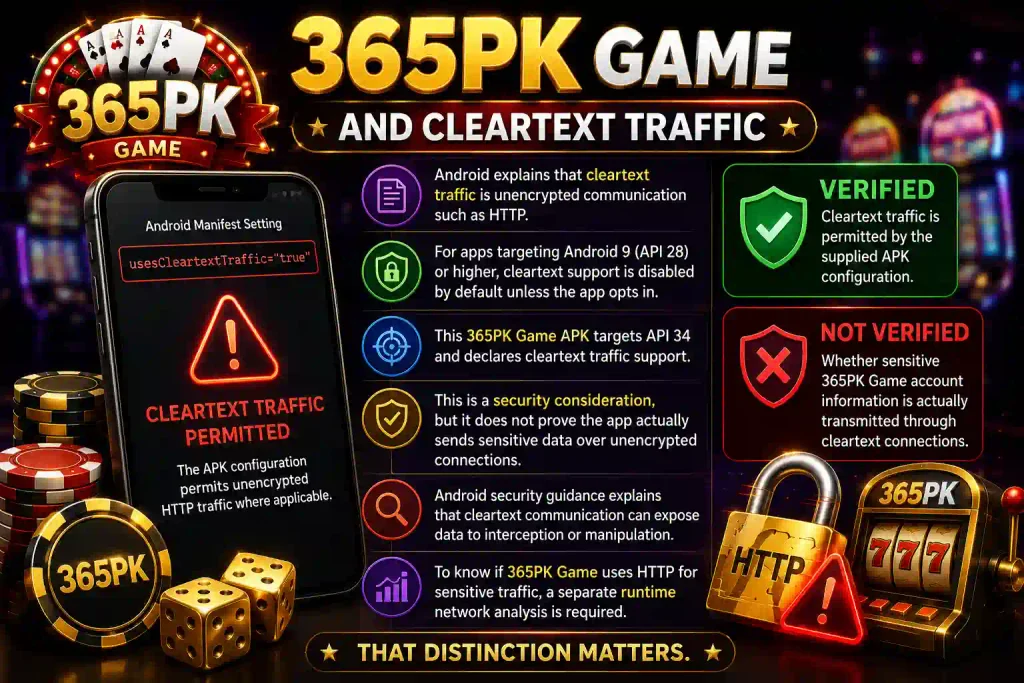 365PK Game security infographic showing usesCleartextTraffic true, unencrypted HTTP traffic, verified APK configuration, and unverified sensitive data transmission