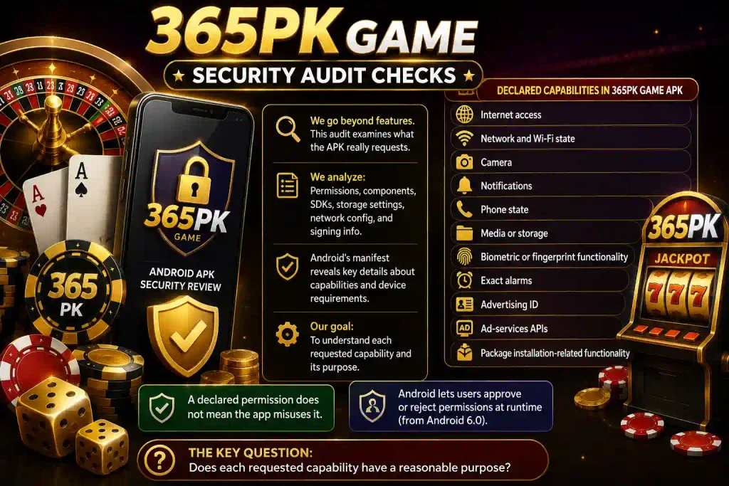 365PK Game security audit infographic showing APK permissions, camera, notifications, storage, biometrics, network access, advertising ID, and package installation capabilities