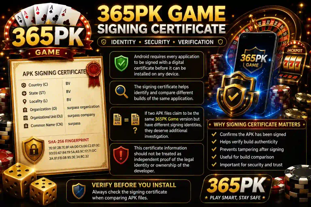 365PK Game signing certificate infographic showing certificate identity details, SHA-256 fingerprint, APK verification, and security comparison guidance
