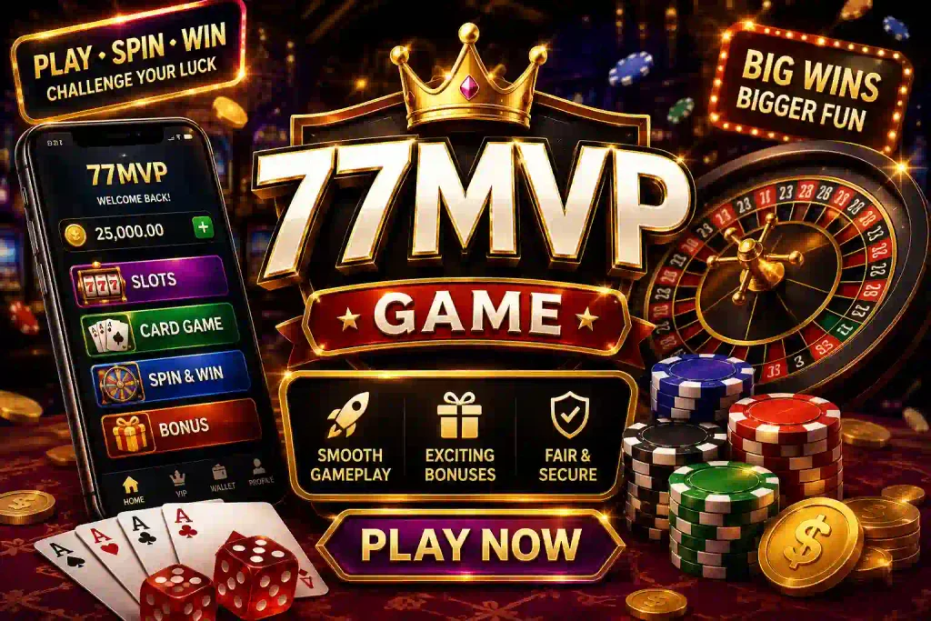 77MVP Game casino-style promotional banner featuring a smartphone game interface, roulette wheel, poker cards, dice, casino chips, coins, and gold 77MVP branding