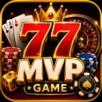 77MVP Game casino-style icon with bold 77MVP lettering, poker cards, casino chips, dice, and a glowing gaming design