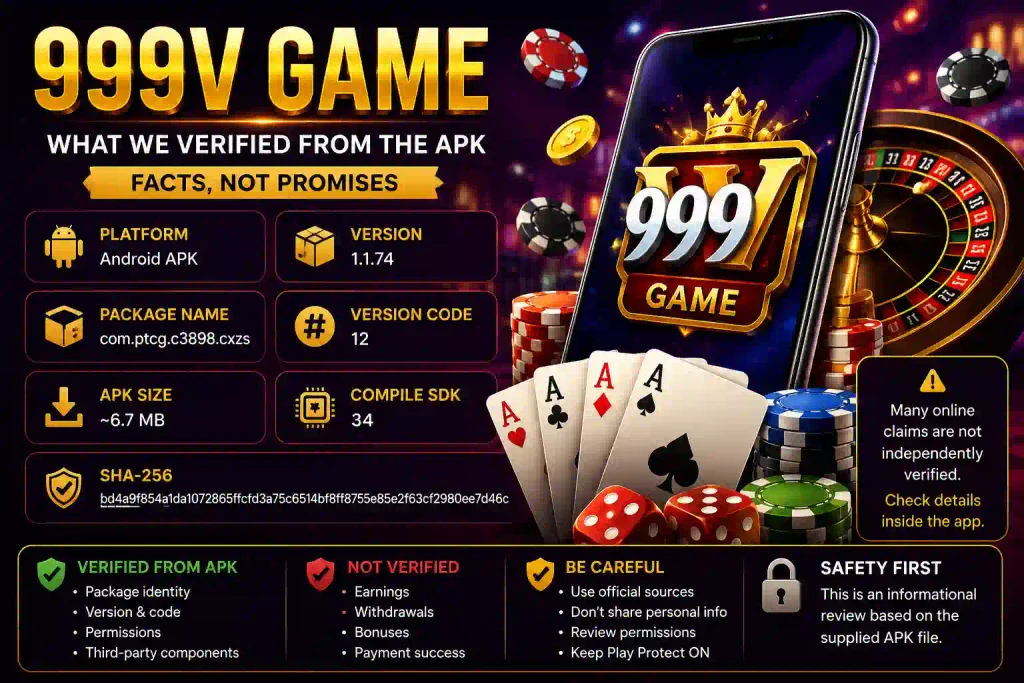 999V Game APK infographic showing version 1.1.74, package name, SHA-256, SDK details, verified APK facts, unverified claims, and casino-style graphics