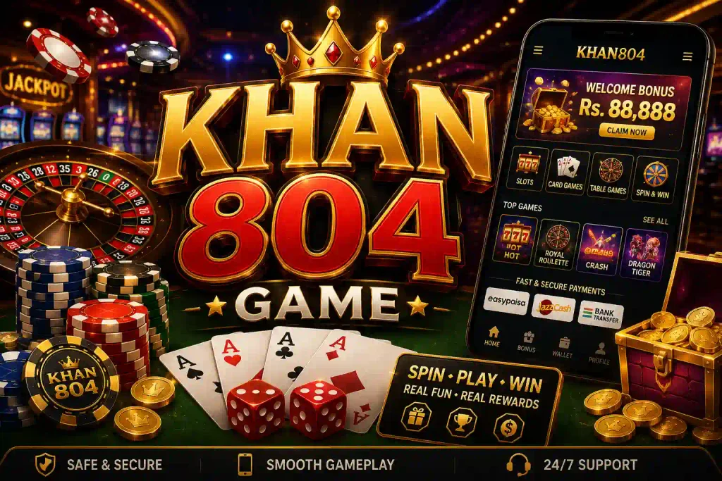 Khan804 Game casino-style banner featuring gold KHAN branding, red 804 numbers, roulette wheel, poker cards, dice, casino chips, coins, and a smartphone gaming interface