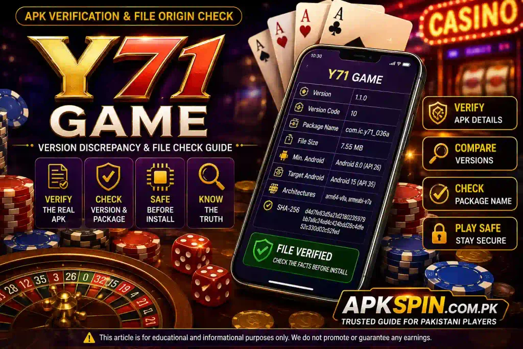 Y71 Game APK verification guide showing version 1.1.0, package name, file details, Android requirements, SHA-256 check, casino chips and roulette graphics