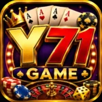 Y71 Game casino-style Android gaming app icon with gold lettering, playing cards, casino chips, roulette wheel and dice